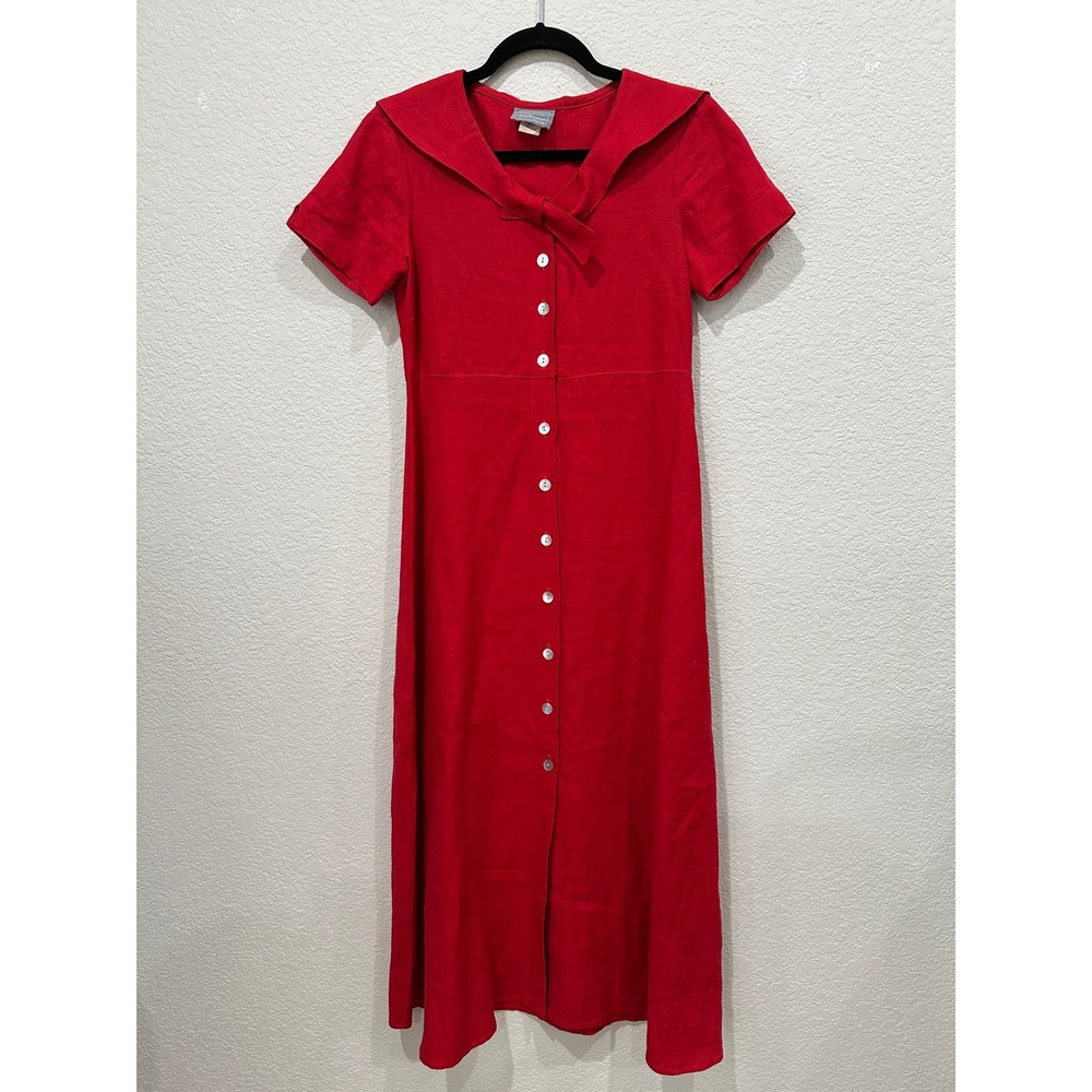 Carol Anderson Petites Red Linen Sailor Collar Button Front Maxi Dress Vintage